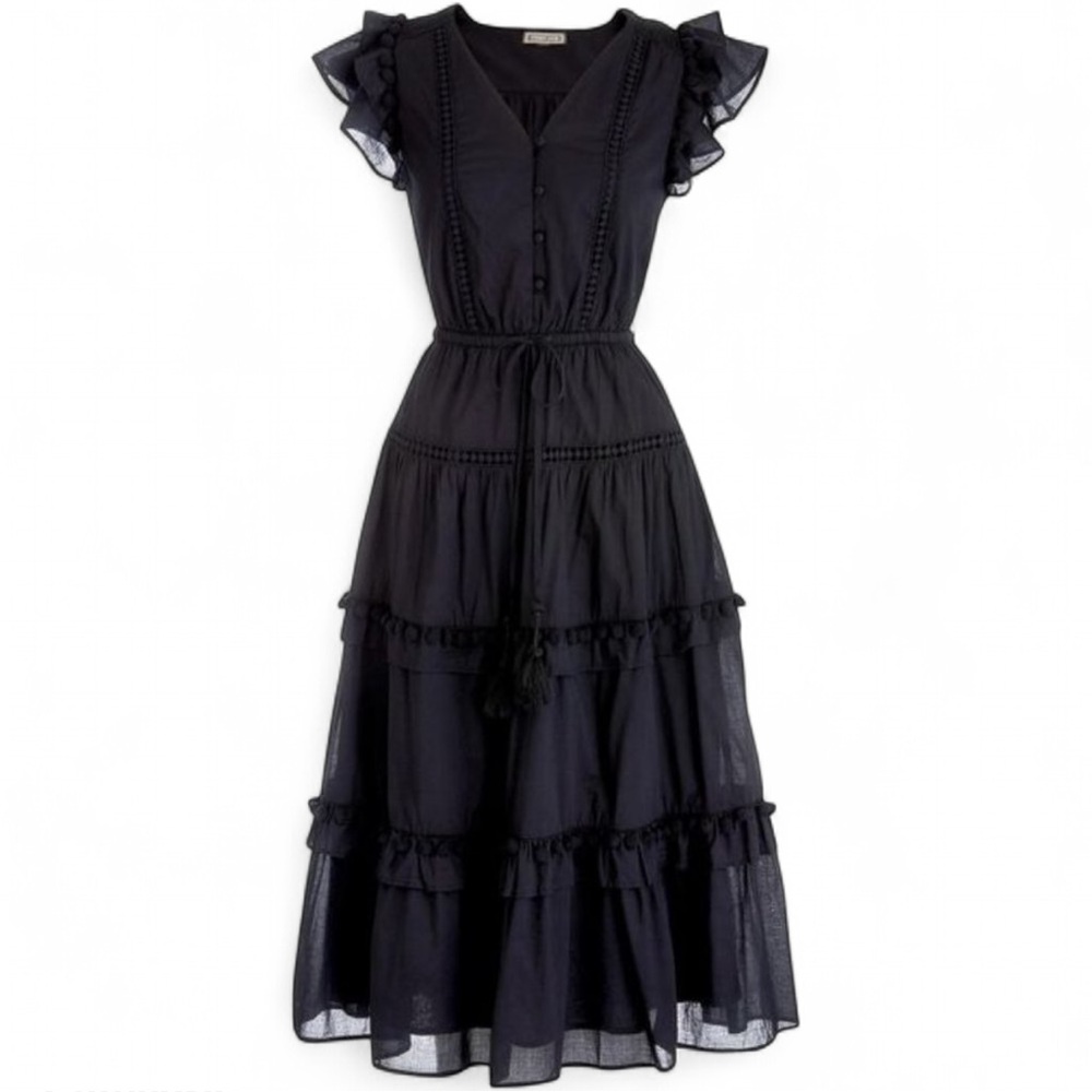 J. Crew Black Pompom Midi Sundress with V-Neck and Flutter Cap Sleeves